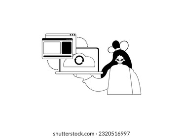 The female child with the browser that synchronizes the datum . Cloud repositing beginning . black and white ancestry artwork. Trendy style, Vector Illustration