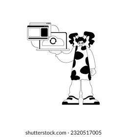 The female child with the browser that synchronizes the datum . Cloud repositing beginning . black and white ancestry artwork. Trendy style, Vector Illustration