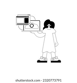 The female child with the browser that synchronizes the datum . Cloud repositing beginning . blacken and white ancestry artwork. Trendy style, Vector Illustration