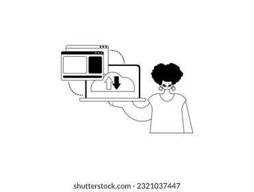 La niña con el navegador que sincroniza el dato . El reposicionamiento en la nube comienza. obras de arte de ascendencia negra y blanca. Estilo de moda, Ilustración vectorial