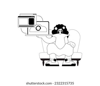 La niña con el navegador que sincroniza el dato . El reposicionamiento en la nube comienza. obras de arte de carnaval y de ascendencia blanca. Estilo de moda, Ilustración vectorial