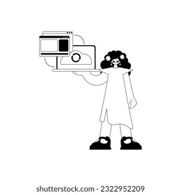 The female child with the browser that synchronizes the datum . Cloud repositing beginning . black and white ancestry artwork. Trendy style, Vector Illustration