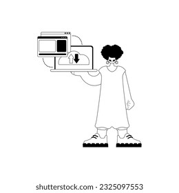 The female child with the browser that synchronizes the datum . Cloud repositing beginning . black and white ancestry artwork. Trendy style, Vector Illustration