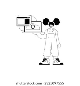 The female child with the browser that synchronizes the datum . Cloud repositing beginning . Black and white ancestry artwork. Trendy style, Vector Illustration