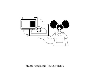 The female child with the browser that synchronizes the datum . Cloud repositing beginning . Black and white ancestry artwork. Trendy style, Vector Illustration