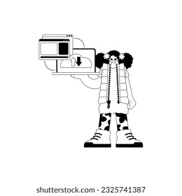 The female child with the browser that synchronizes the datum . Cloud repositing beginning . black and white ancestry artwork. Trendy style, Vector Illustration