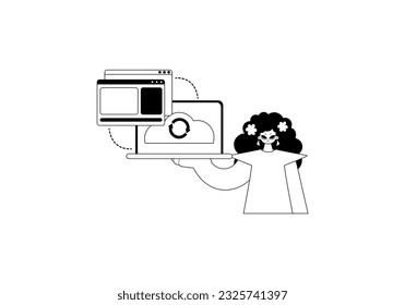 The female child with the browser that synchronizes the datum . Cloud repositing beginning . black and white ancestry art. Trendy style, Vector Illustration