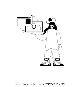 The female child with the browser that synchronizes the datum . Cloud repositing beginning . black and white ancestry artwork. Trendy style, Vector Illustration