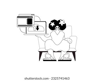 The female child with the browser that synchronizes the datum . Cloud repositing beginning . char and white ancestry artwork. Trendy style, Vector Illustration