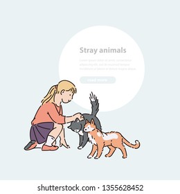 Female child caress homeless cats. Girl with pet vector line art illustration and round area for text.