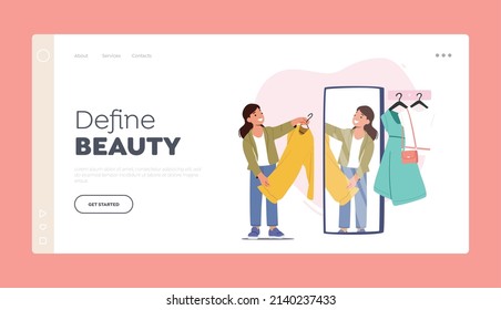 Female Child Character Choose Apparel Landing Page Template. Girl Stand front of Mirror in Fitting Room at Apparel Store Changing and Fitting Clothes and Dresses. Cartoon People Vector Illustration