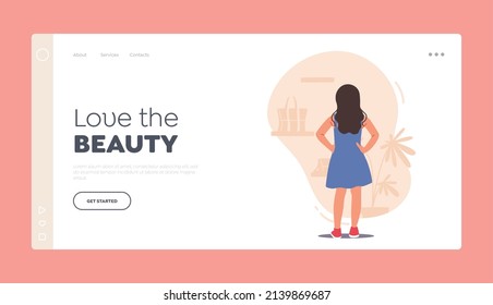 Female Child Character Shopping, Choose Apparel in Boutique Mall Landing Page Template. Little Girl Stand front of Apparel Store Shelf Choose Clothes or Accessories. Cartoon People Vector Illustration