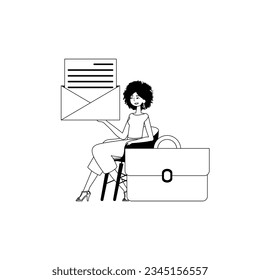 The female child is holding a letter . topic of crucial message . total darkness and white linear stylus. Trendy style, Vector Illustration