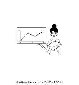 The female child holds a graph of growth with positive dynamics . Black and white analogue style. Trendy style, Vector Illustration