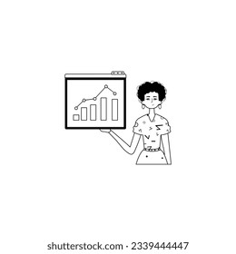 The female child holds a graph of growth with positive dynamics . black and white analogue stylus. Trendy style, Vector Illustration