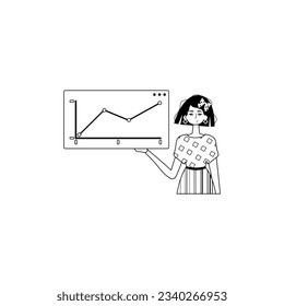 The female child holds a graph of growth with positive dynamics . black and White analogue style. Trendy style, Vector Illustration