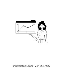 The female child holds a graph of growth with positive dynamics . black and White analogue stylus. Trendy style, Vector Illustration