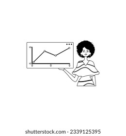 The female child holds a graph of increase with positive moral impel . black and white analogue stylus. Trendy style, Vector Illustration