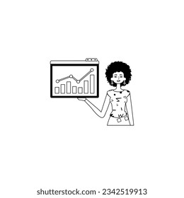 The female child holds a graph of increase with positive dynamics . black and White analogue stylus. Trendy style, Vector Illustration