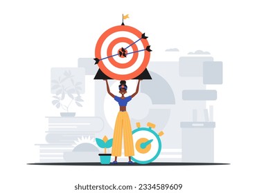 The female child holds in his hired handwrite a count with arrow that hit the boil down . digital commercialize concept. Trendy style, Vector Illustration