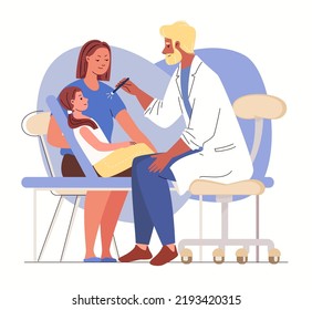 Female child at neurologist's appointment. Doctor checks reflex of patient eyes with the light of  flashlight. Isolated on white background. Vector characters flat cartoon illustration.