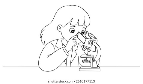 Female Child Researcher Coloring Sheet Basic Microscope Design Kids Lab Experiment Science Fun Printable Drawing