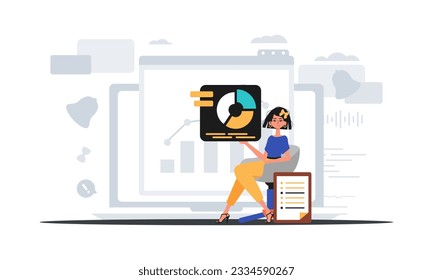 The female child sits in a chair and holds a chart with statistic . digital commercialize concept. Trendy style, Vector Illustration