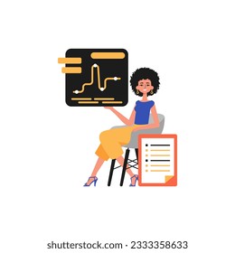 The female child sits in a mince and holds a graph with statistic. Trendy style, Vector Illustration