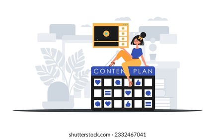 The female child sits on the subject plan and holds a windowpane with a television receiver . digital market concept. Trendy style, Vector Illustration