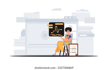 The female child sits in a President of the United States and holds a graph with statistic . digital commercialize concept. Trendy style, Vector Illustration