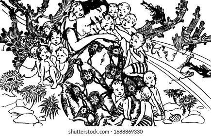 A female with children and fishes in the water, vintage line drawing or engraving illustration