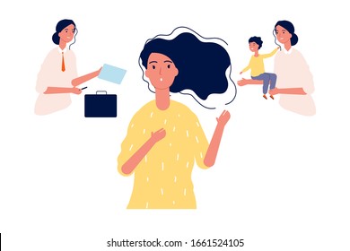 Female choice. Girl choose between career and family. Gender stereotypes, work or maternity and make difficult decisions. Businesswoman and mom vector illustration