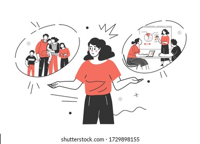 Female choice. Woman choose between career and family. Professional development or family. Difficult choices, life dilemma, finding a balance, making decisions. Flat vector illustration.