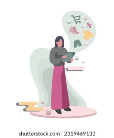 Mujeres eligiendo ropa cuando hacen compras en línea. Comercio electrónico. Aplicación móvil para realizar compras en línea. Clientes a la venta. Ilustración plana vectorial en colores rosa y gris