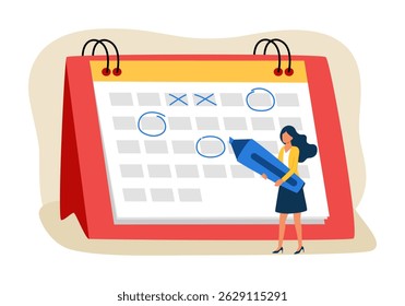 Female circle date on calendar. Planning important matter. Time management, work organization and life events notification, memo reminder, work plan.