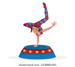 female circus character, young and beautiful acrobat, vector illustration with white isolated background.