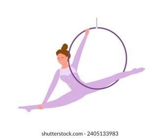 Female circus performance with ring. Circus acrobat artist, amusement park show cartoon vector illustration