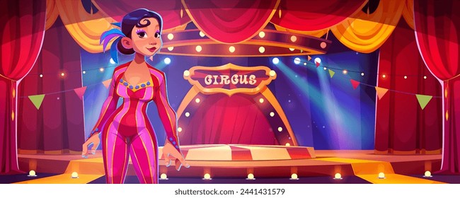 Female circus performer on arena background. Vector cartoon illustration of beautiful woman in sparkling acrobat costume, round concert stage decorated with flags, light bulbs and red drape curtains