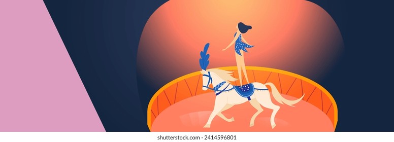 Artista de circo femenino montando caballo blanco en arena. Mujer con disfraz de espectáculo en el corcel galopante. Muestra de circo, acrobacias ecuestres, ilustración vectorial.