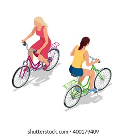 Female city cyclist riding on a bicycle. Woman cycling on countryside summer sunny road or highway. Flat 3d isometric vector illustration. For infographics and design games. 