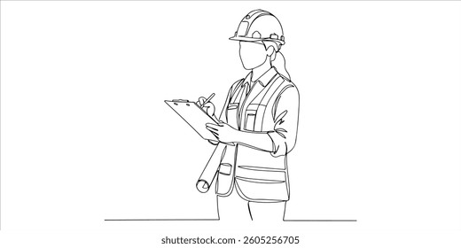 female civil engineer or architect with hard helmet and clipboard continuous single line art drawing sketch on white background