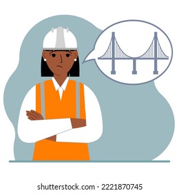 A female civil engineer makes plans in her mind for designing a bridge in an air bubble. The concept of civil engineering and construction. Vector flat illustration