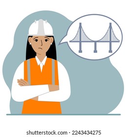 A female civil engineer makes plans in her mind for designing a bridge in an air bubble. The concept of civil engineering and construction. Vector flat illustration