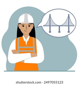 A female civil engineer makes plans in her mind for designing a bridge in an air bubble. The concept of civil engineering and construction. Vector flat illustration