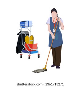 Female cleaner is cleaning the floor. White, young, dressed in blue clothes. Next to it is a cart with buckets.