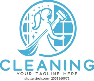 Logotipo feminino limpador com janela squeegee, Modelo de projeto de senhora limpador de janela, Casa Logotipo de empregada para serviço de limpeza