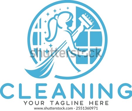 Female Cleaner Logo with Window Squeegee,  Window Cleaner Lady Design Template, House Maid Logo for Cleaning Service