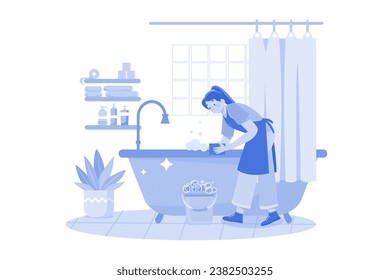 Female Cleaner Is Scrubbing The Bathroom