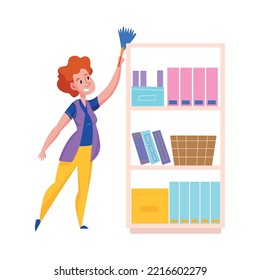 Female cleaning service worker dusting bookcase flat vector illustration
