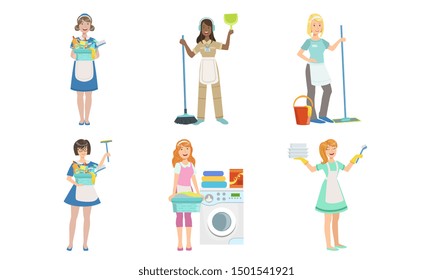 Female Cleaning Service Workers Doing Various Housework Chores Set. Housewives Characters with Different Equipment. Vector Illustration.